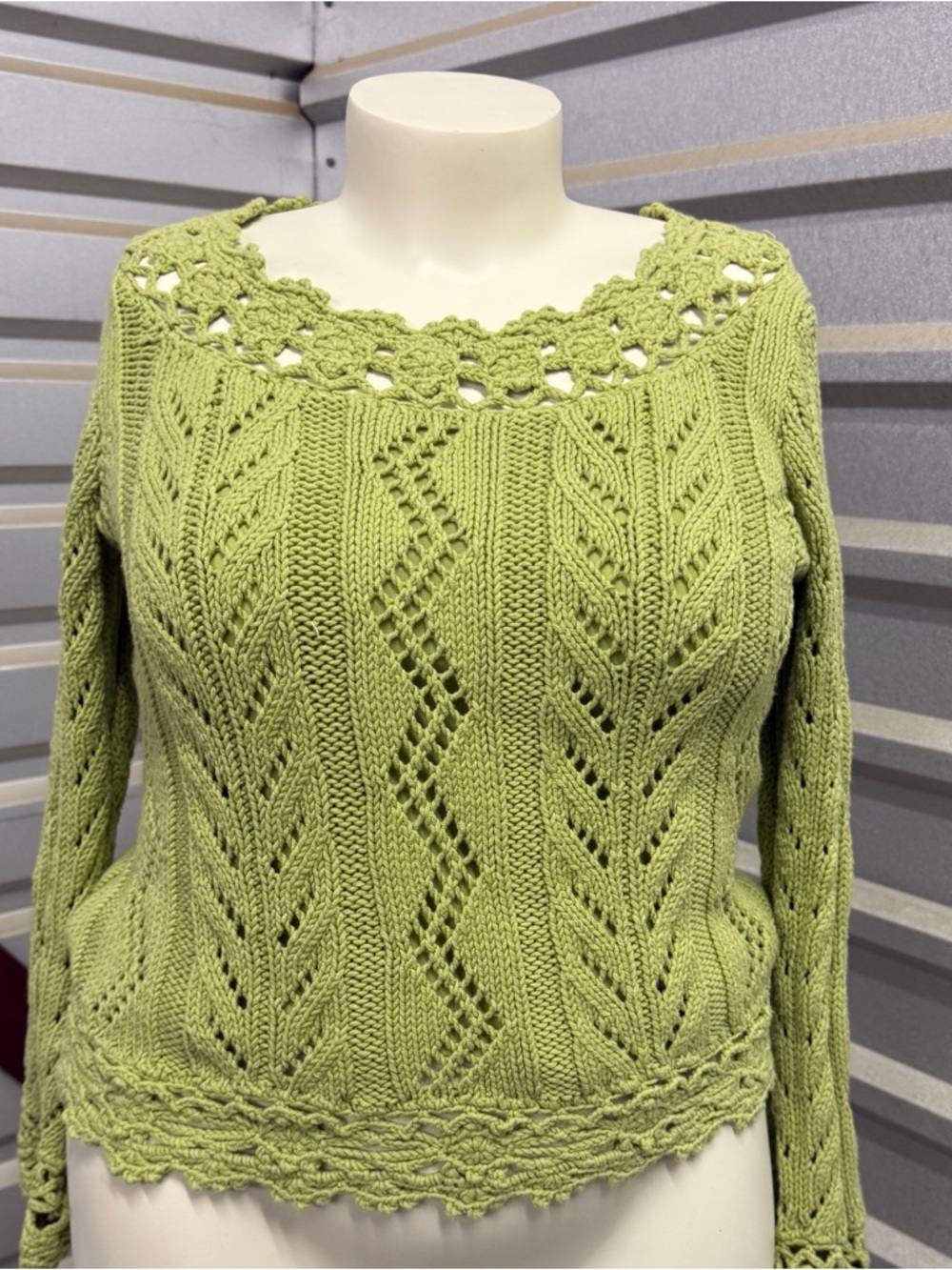 Peck & Peck Collection Open Knit Spring Summer Green Sweater- Size XL